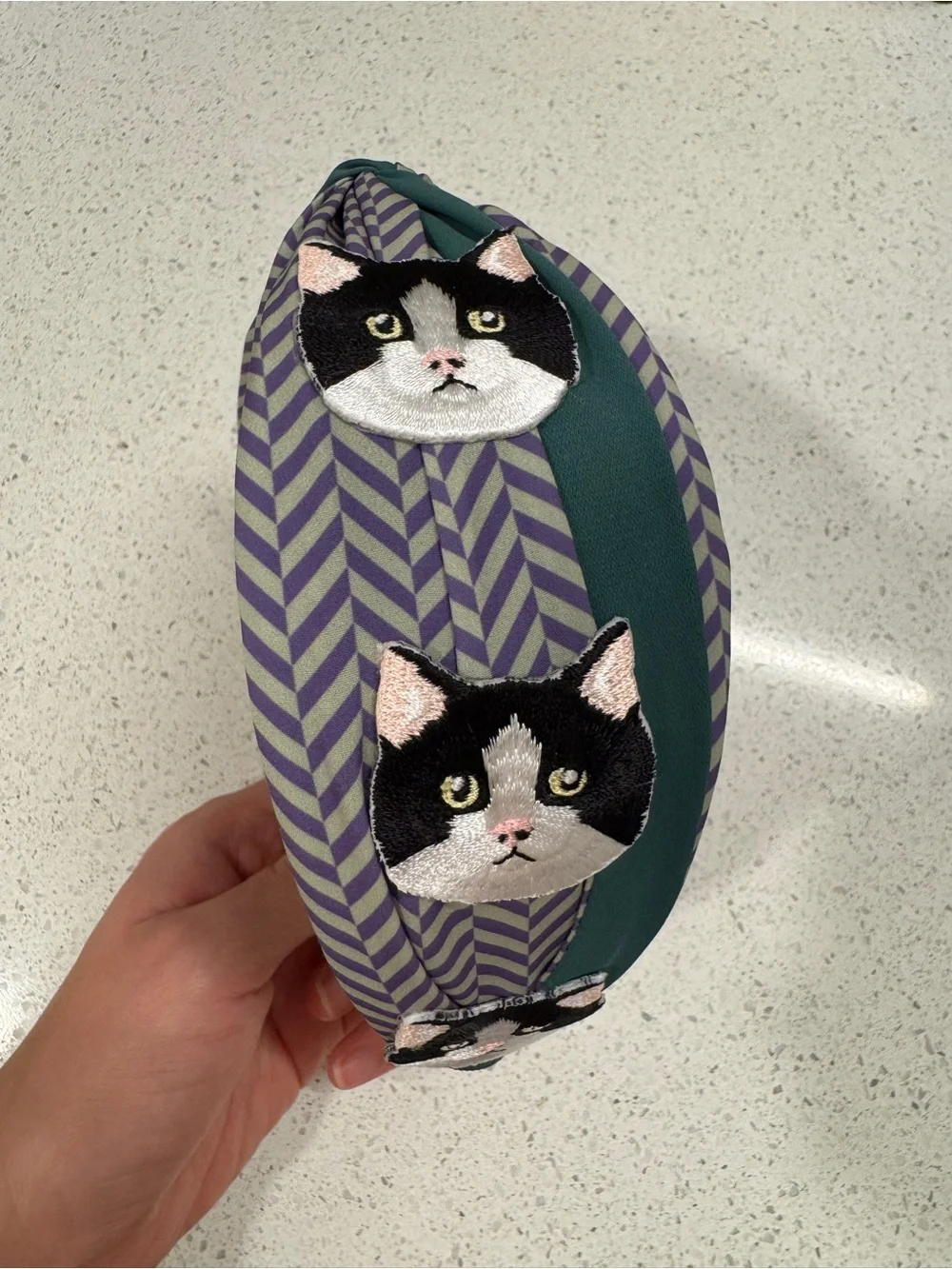 Embroidered Cat Headband in Teal and Purple